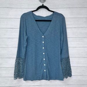 Boutique Brand Button Down V Neck Slim Fit Crochet Wrist Cardigan Blue 💗